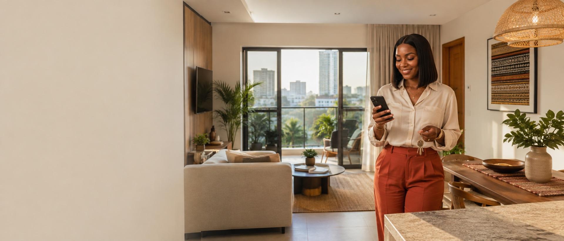 Host checking keys in a modern shortlet living room